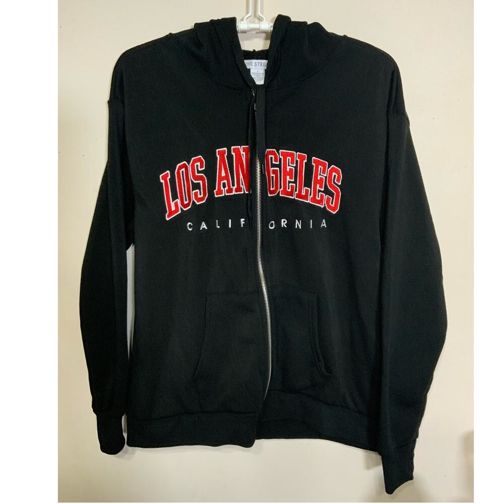 Love Streak Los Angeles California Black Full Zip Graphic Hoodie Size Large NWT